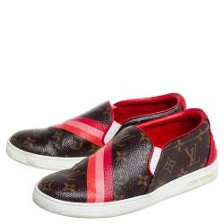 Pre Owned Louis Vuitton Brown/Red Monogram Canvas And Leather Frontrow Slip On Sneakers Size 38