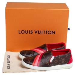 Pre Owned Louis Vuitton Brown/Red Monogram Canvas And Leather Frontrow Slip On Sneakers Size 38