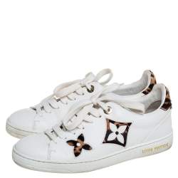 Louis Vuitton White Leather And Brown/Beige Calf Hair Frontrow Low Top Sneakers Size 36