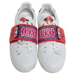 Louis Vuitton White Leather And Brown Monogram Canvas Kyoto Low Top Sneakers Size 36