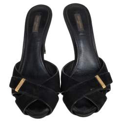 مملوكة مسبقًا صندل سلايد لوي فيتون سويدي أسود بسيور متعاكسة مقاس 41