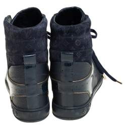 مملوكة مسبقًا Louis Vuitton Blue Monogram Embossed Suede And Leather Cliff Top Wedge Sneakers Size 39.5