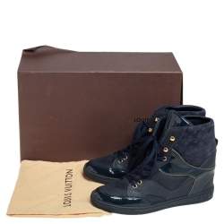 مملوكة مسبقًا Louis Vuitton Blue Monogram Embossed Suede And Leather Cliff Top Wedge Sneakers Size 39.5
