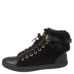 Louis Vuitton Black Suede and Fur High Top Sneakers Size 37