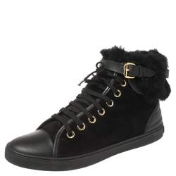 Louis Vuitton Black Suede and Fur High Top Sneakers Size 37