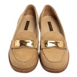 Pre Owned Louis Vuitton Beige Nubuck Leather Penny Slip Loafers Size 37