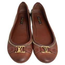 Pre Owned Louis Vuitton Brown Leather Oxford Chain Detail Ballet Flats Size 38