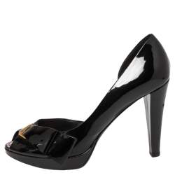 Pre Owned حذاء كعب عالى لوى فيتون نعل سميك دورسيه مقدمة مفتوحة جلد لامع أسود مقاس 38.5