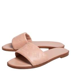 Pre Owned Louis Vuitton Beige Monogram Embossed Leather Revival Flat Flat Mule Size 38