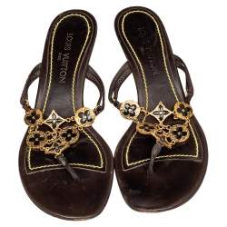 Louis Vuitton Brown Leather LV Charms Thong Sandals Size 40.5