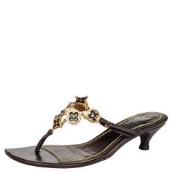 Louis Vuitton Brown Leather LV Charms Thong Sandals Size 40.5