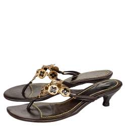 Louis Vuitton Brown Leather LV Charms Thong Sandals Size 40.5