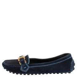 Pre Owned حذاء لوفرز لوي فيتون سويدي أزرق كحلي مزين شعار الماركة سليب أون مقاس 36