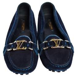 Pre Owned حذاء لوفرز لوي فيتون سويدي أزرق كحلي مزين شعار الماركة سليب أون مقاس 36