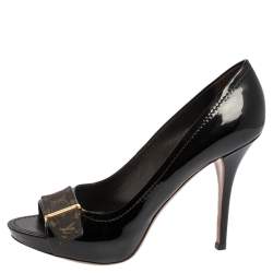 Pre Owned Louis Vuitton Burgundy Patent Leather and Monogram Canvas Idylle Buci Open Toe Pumps Size 39