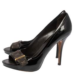 Pre Owned Louis Vuitton Burgundy Patent Leather and Monogram Canvas Idylle Buci Open Toe Pumps Size 39