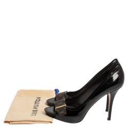 Pre Owned Louis Vuitton Burgundy Patent Leather and Monogram Canvas Idylle Buci Open Toe Pumps Size 39