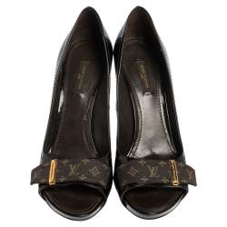 Pre Owned Louis Vuitton Burgundy Patent Leather and Monogram Canvas Idylle Buci Open Toe Pumps Size 39