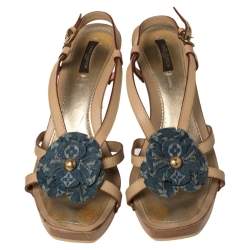 مملوكة مسبقًا صندل لوي فيتون جلد أزرق/بيج ودينم مونوغرامي نعل سميك بحزام للكاحل مقاس 39.5