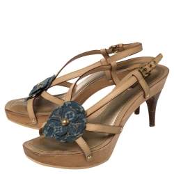 مملوكة مسبقًا صندل لوي فيتون جلد أزرق/بيج ودينم مونوغرامي نعل سميك بحزام للكاحل مقاس 39.5