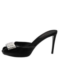 Pre Owned Louis Vuitton Black Satin Embellished Peep Toe Slide Sandals Size 40