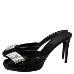 Pre Owned Louis Vuitton Black Satin Embellished Peep Toe Slide Sandals Size 40
