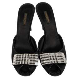 Pre Owned Louis Vuitton Black Satin Embellished Peep Toe Slide Sandals Size 40