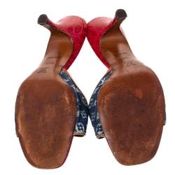 Pre Owned Louis Vuitton Blue/Red Monogram Denim And Leather Sandals Size 38.5
