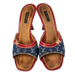 Pre Owned Louis Vuitton Blue/Red Monogram Denim And Leather Sandals Size 38.5