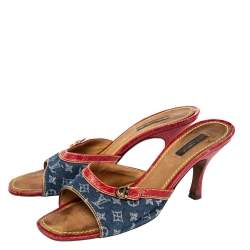 Pre Owned Louis Vuitton Blue/Red Monogram Denim And Leather Sandals Size 38.5