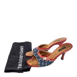 Pre Owned Louis Vuitton Blue/Red Monogram Denim And Leather Sandals Size 38.5
