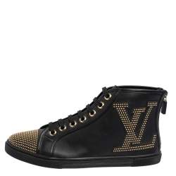 Louis Vuitton Black Leather Studded Punchy High Top Sneakers Size 37