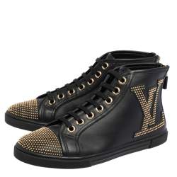 Louis Vuitton Black Leather Studded Punchy High Top Sneakers Size 37