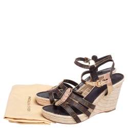 Pre Owned Louis Vuitton Monogram Canvas and Metallic Gold Leather Bahamas Espadrille Wedge Sandals Size 39