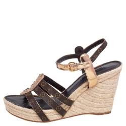 Pre Owned Louis Vuitton Monogram Canvas and Metallic Gold Leather Bahamas Espadrille Wedge Sandals Size 39