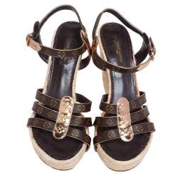Pre Owned Louis Vuitton Monogram Canvas and Metallic Gold Leather Bahamas Espadrille Wedge Sandals Size 39