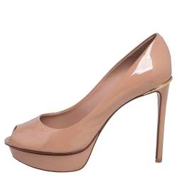 Louis Vuitton Beige Patent Leather Eyeline Peep Toe Platform Pumps Size 37