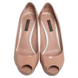 Louis Vuitton Beige Patent Leather Eyeline Peep Toe Platform Pumps Size 37