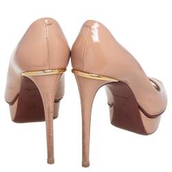 Louis Vuitton Beige Patent Leather Eyeline Peep Toe Platform Pumps Size 37