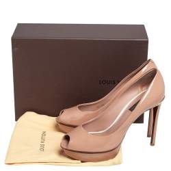 Louis Vuitton Beige Patent Leather Eyeline Peep Toe Platform Pumps Size 37