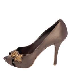 Pre Owned Louis Vuitton Dark Olive Satin Athen Open Toe Pumps Size 39