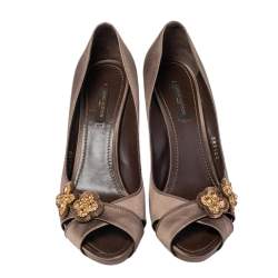 Pre Owned Louis Vuitton Dark Olive Satin Athen Open Toe Pumps Size 39