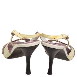 Pre Owned Louis Vuitton Cream/Brown Monogram Canvas and Patent Leather Lasercut Slingback Sandals Size 40