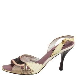 Pre Owned Louis Vuitton Cream/Brown Monogram Canvas and Patent Leather Lasercut Slingback Sandals Size 40