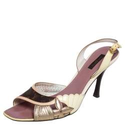 Pre Owned Louis Vuitton Cream/Brown Monogram Canvas and Patent Leather Lasercut Slingback Sandals Size 40
