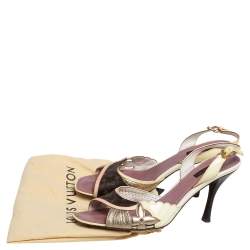 Pre Owned Louis Vuitton Cream/Brown Monogram Canvas and Patent Leather Lasercut Slingback Sandals Size 40