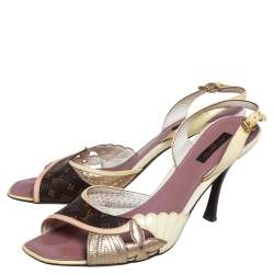 Pre Owned Louis Vuitton Cream/Brown Monogram Canvas and Patent Leather Lasercut Slingback Sandals Size 40