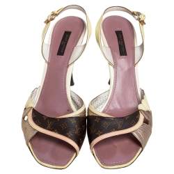 Pre Owned Louis Vuitton Cream/Brown Monogram Canvas and Patent Leather Lasercut Slingback Sandals Size 40