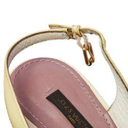 Pre Owned Louis Vuitton Cream/Brown Monogram Canvas and Patent Leather Lasercut Slingback Sandals Size 40