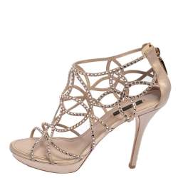 مملوكة مسبقًا Louis Vuitton Beige Satin, and  Suede Crystal Embellished Cut Out Sandals Size 39